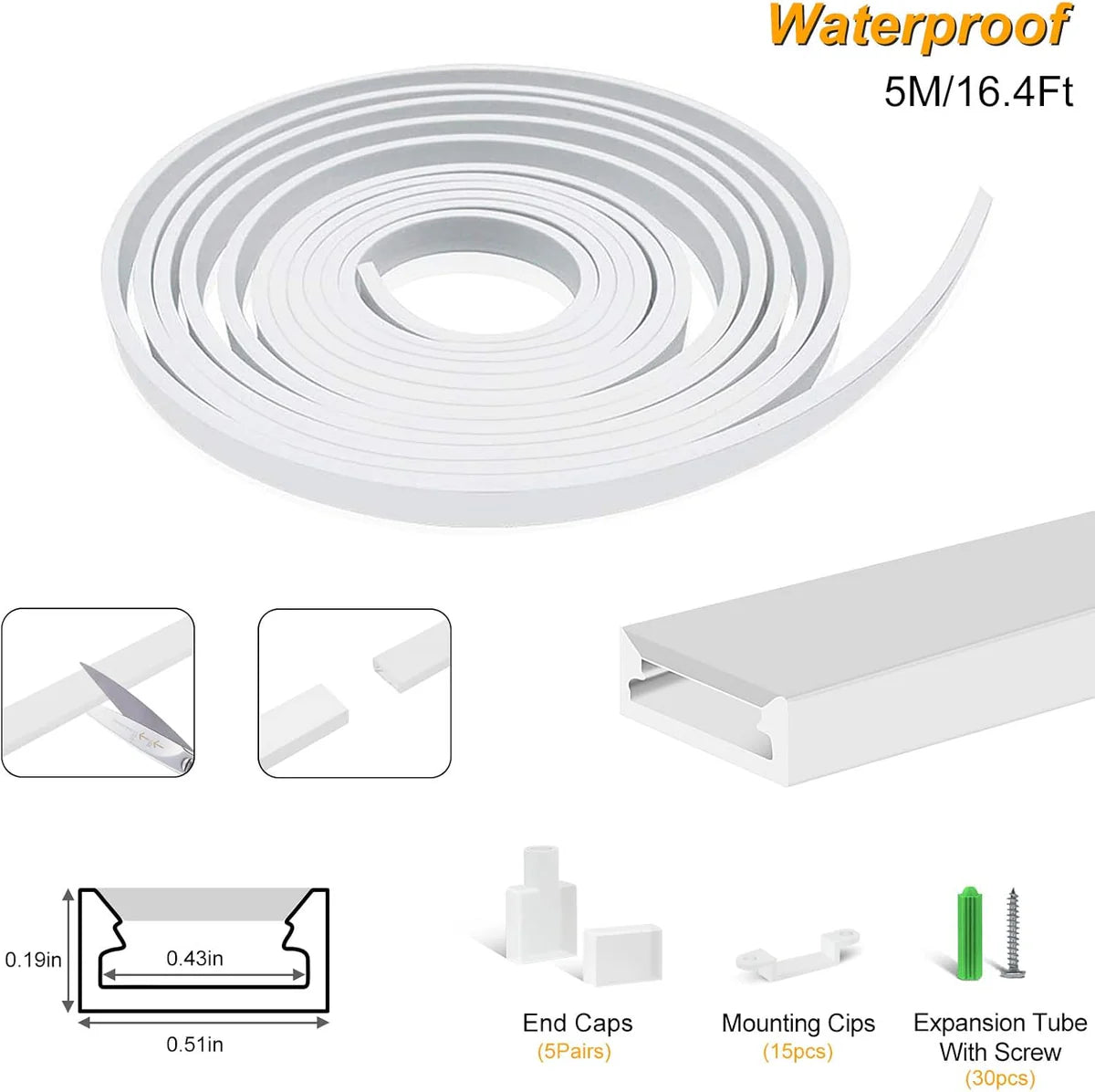 S0513 Neon Light Housing – 5x13mm | Silicone LED Channel System | 10mm PCB Width | IP67 Waterproof | 16.4FT/5M | Local Stock US/UK/DE