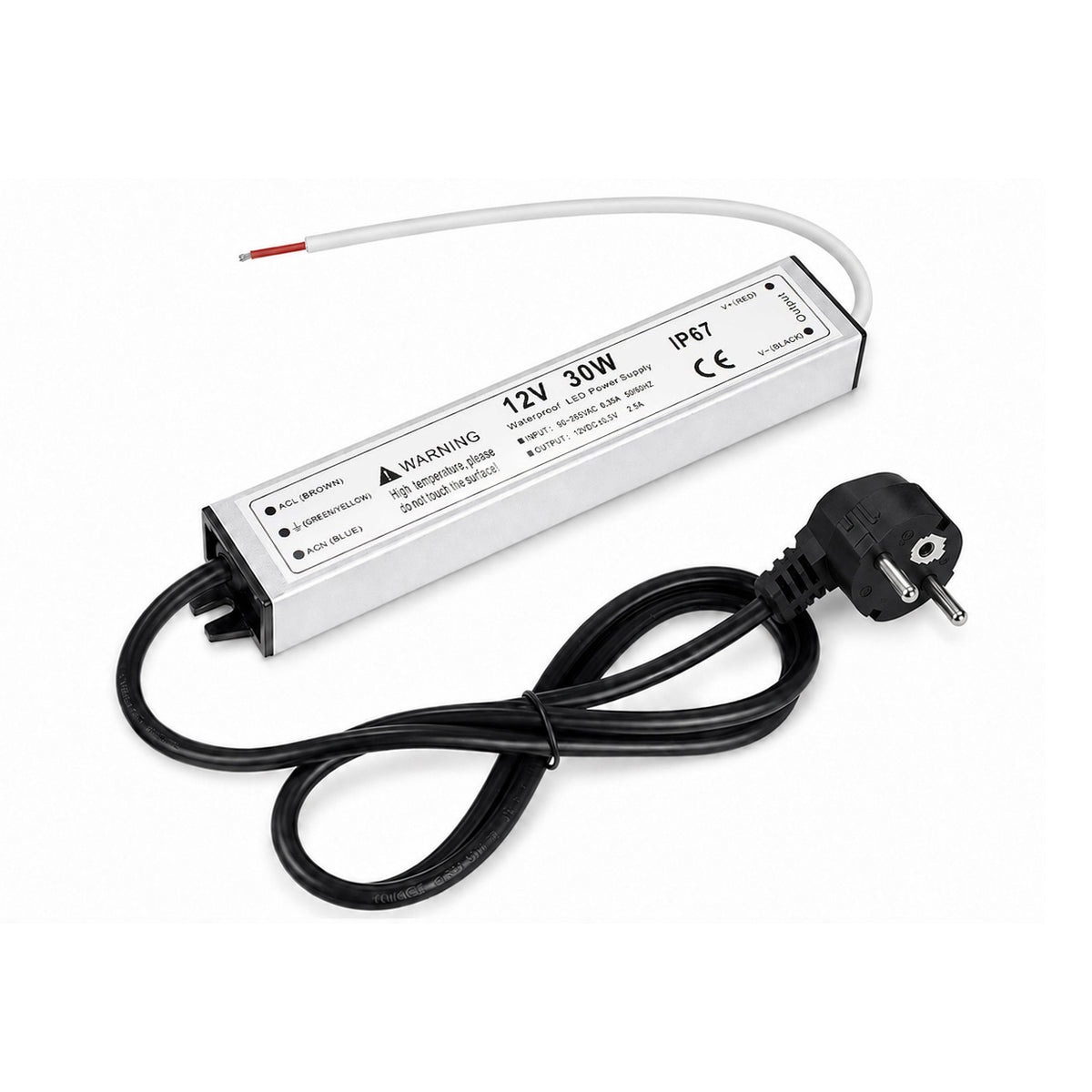 30W 12V/24V Waterproof LED Power Supply, 90-265V Input, Single Output, Aluminum Housing, Outdoor LED Lighting Driver, CE/RoHS/FCC Certified, US/UK/EU Plug