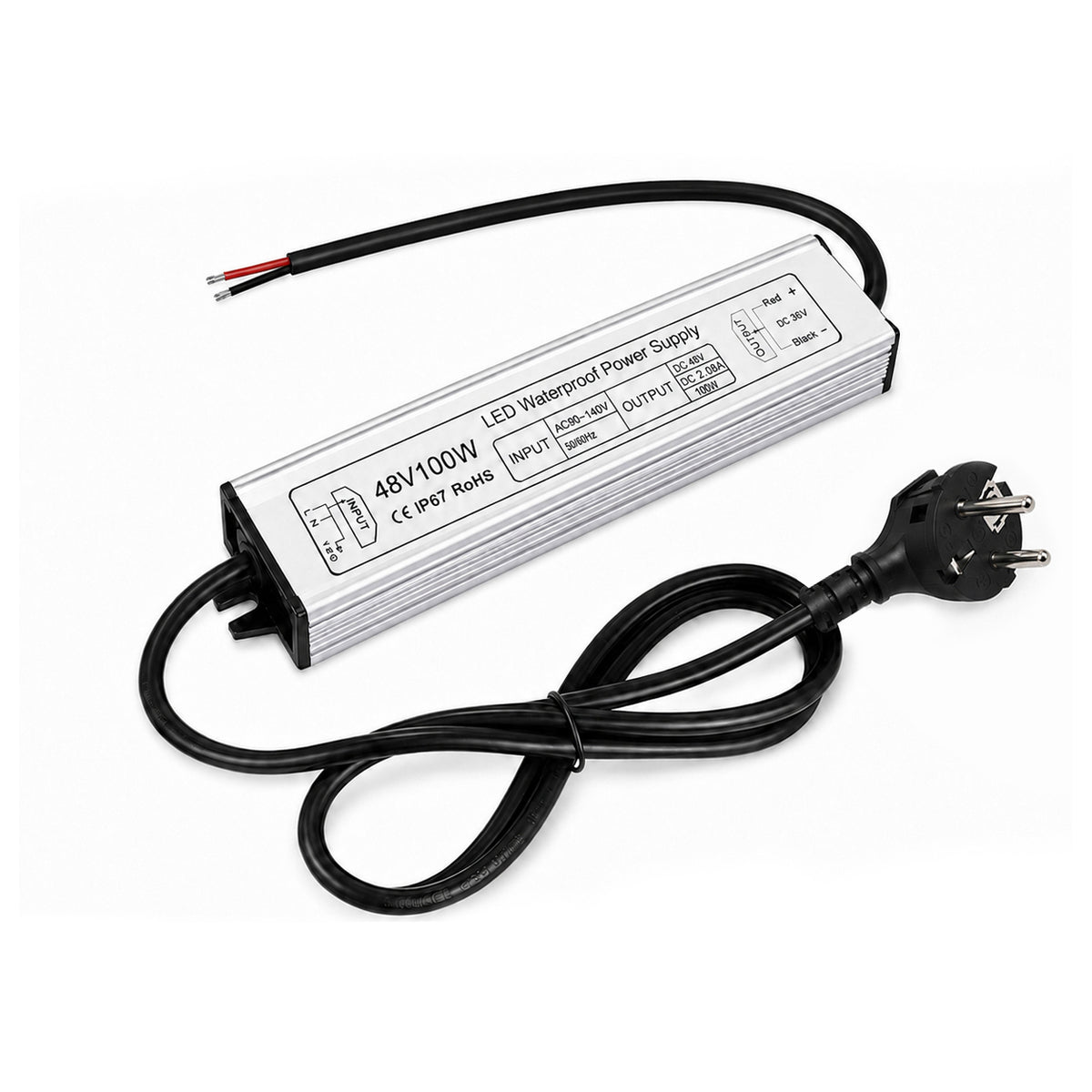 100W 36V/48V Waterproof LED Power Supply, 175-265V Input, Single Output, Aluminum Housing, Outdoor LED Lighting Driver, CE/RoHS/FCC Certified, UK/EU Plug