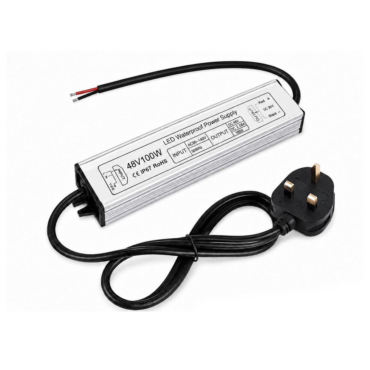 100W 36V/48V Waterproof LED Power Supply, 175-265V Input, Single Output, Aluminum Housing, Outdoor LED Lighting Driver, CE/RoHS/FCC Certified, UK/EU Plug