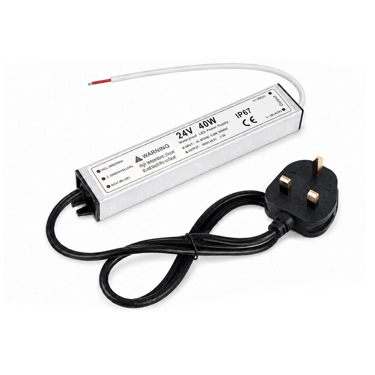 40W 12V/24V Waterproof LED Power Supply, 90-265V Input, Single Output, Aluminum Housing, Outdoor LED Lighting Driver, CE/RoHS/FCC Certified, US/UK/EU Plug