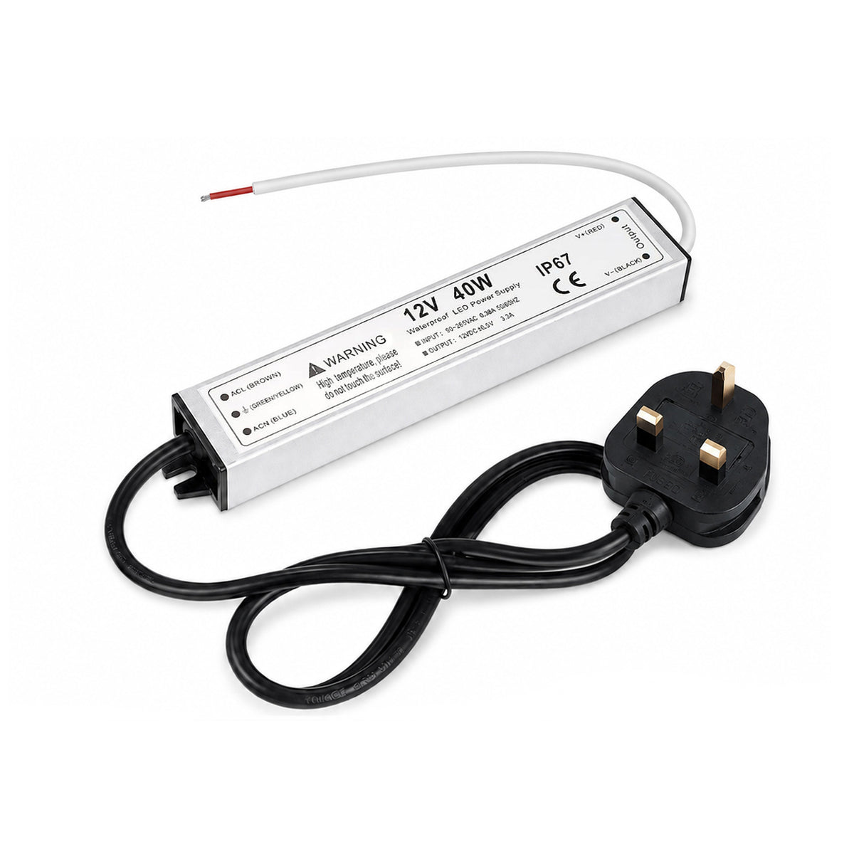 40W 12V/24V Waterproof LED Power Supply, 90-265V Input, Single Output, Aluminum Housing, Outdoor LED Lighting Driver, CE/RoHS/FCC Certified, US/UK/EU Plug