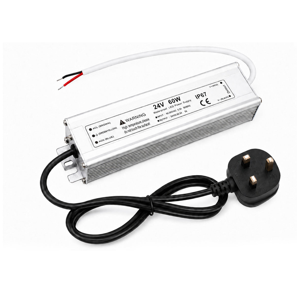 60W 12V/24V/36V/48V Waterproof LED Power Supply, 90-265V Input, Single Output, Aluminum Housing, Outdoor LED Lighting Driver, CE/RoHS/FCC Certified, US/UK/EU Plug