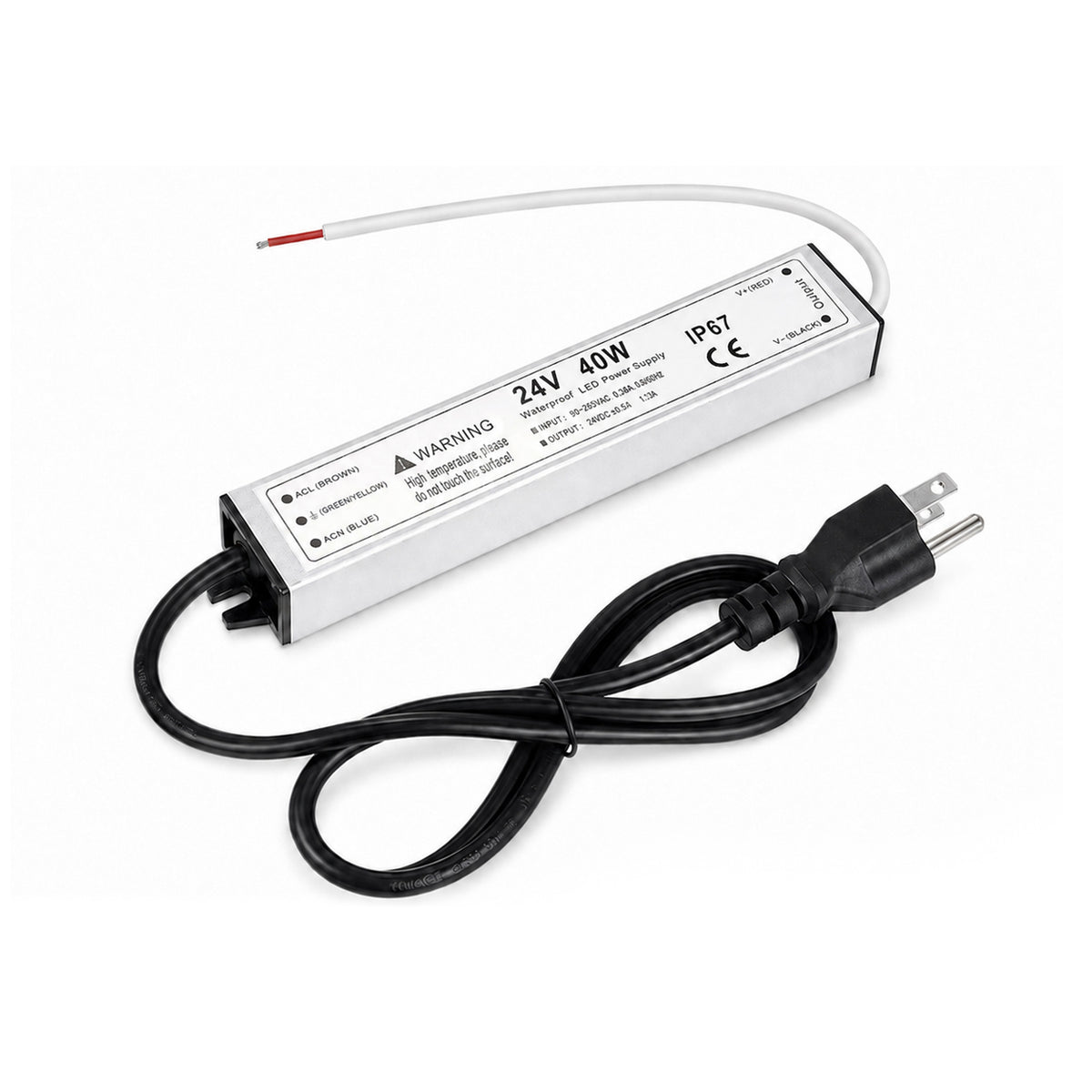 40W 12V/24V Waterproof LED Power Supply, 90-265V Input, Single Output, Aluminum Housing, Outdoor LED Lighting Driver, CE/RoHS/FCC Certified, US/UK/EU Plug