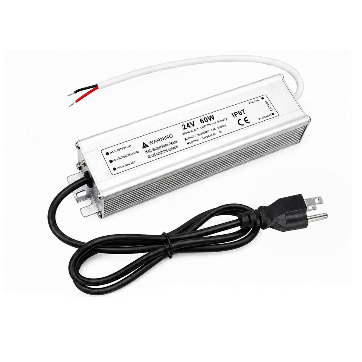 60W 12V/24V/36V/48V Waterproof LED Power Supply, 90-265V Input, Single Output, Aluminum Housing, Outdoor LED Lighting Driver, CE/RoHS/FCC Certified, US/UK/EU Plug