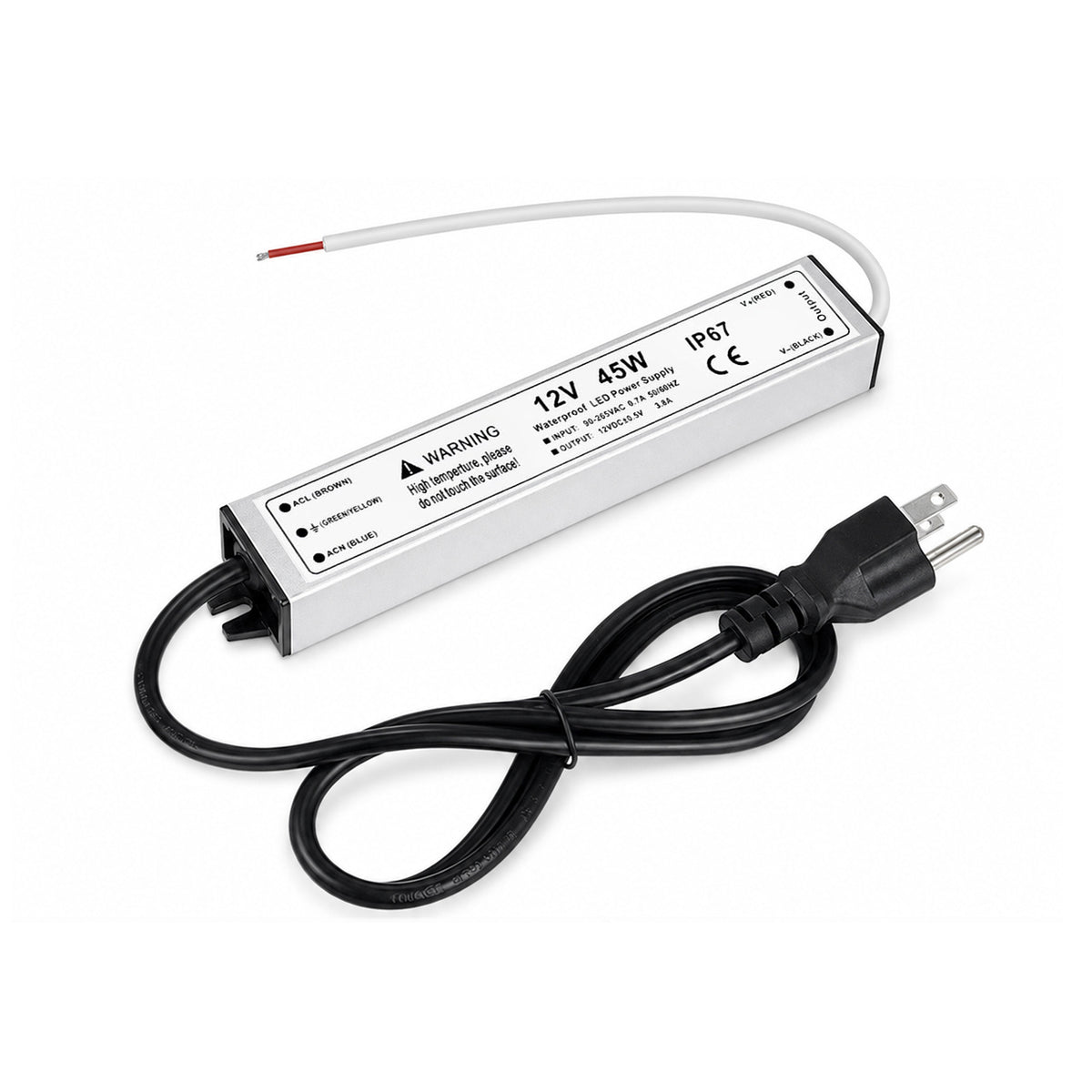 45W 12V Waterproof LED Power Supply, 90-265V Input, Single Output, Aluminum Housing, Outdoor LED Lighting Driver, CE/RoHS/FCC Certified, US/UK/EU Plug
