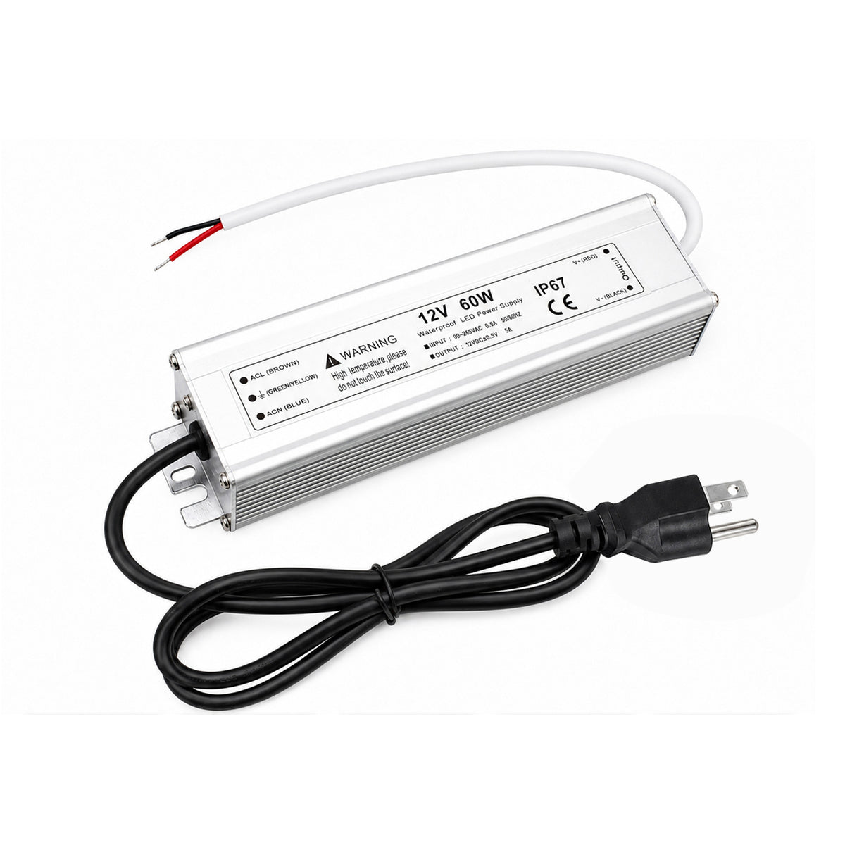 60W 12V/24V/36V/48V Waterproof LED Power Supply, 90-265V Input, Single Output, Aluminum Housing, Outdoor LED Lighting Driver, CE/RoHS/FCC Certified, US/UK/EU Plug