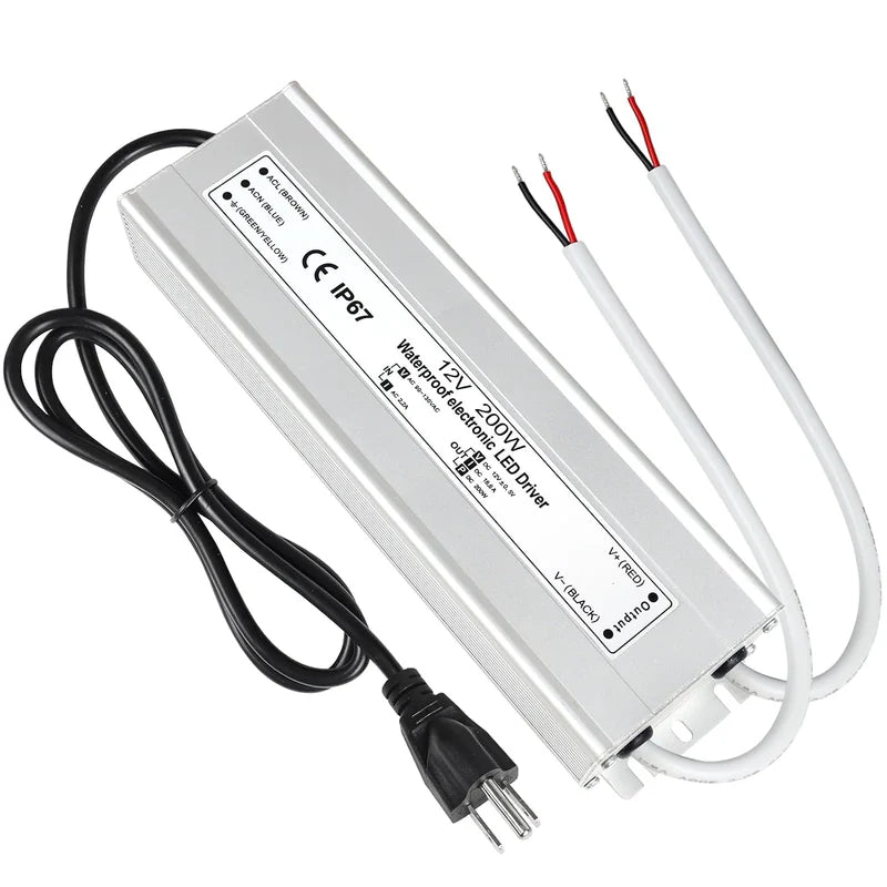 12V Waterproof LED Transformer, 200W–500W Outdoor LED Driver, 90–140V AC Input, Single or Dual Wire Output, CE/RoHS/FCC Certified, US Plug & Wire Lead Options