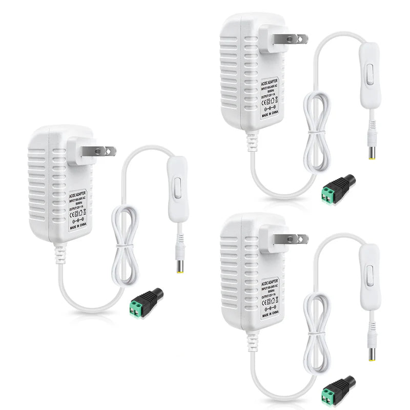 Power Supply Adapter DC 12V with On/Off Switch, 12W–36W Options, AC 100–240V Wall Plug Charger with US Plug, Black/White Housing for LED Strip Lights, Electronics