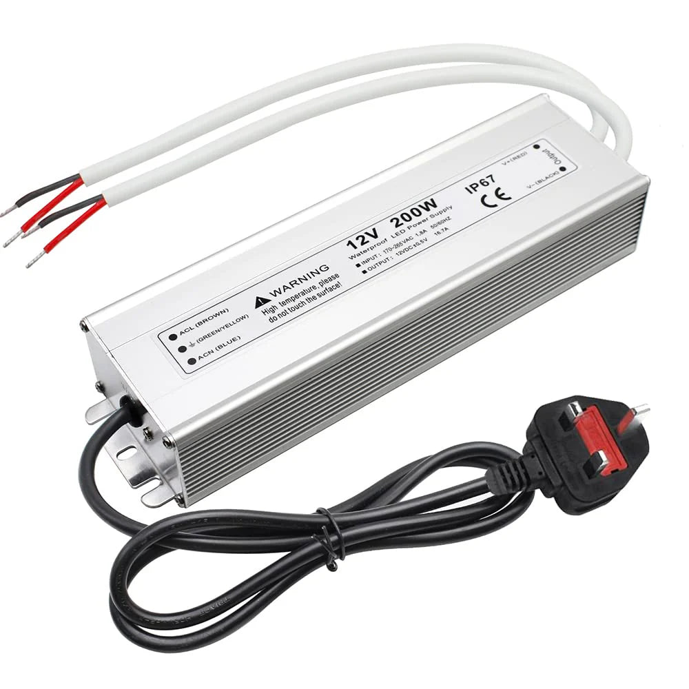 200W 12V/24V/36V/48V Waterproof LED Power Supply, 175-265V Input, Single/Dual Output, Aluminum Housing, Outdoor LED Lighting Driver, CE/RoHS/FCC Certified, UK/EU Plug