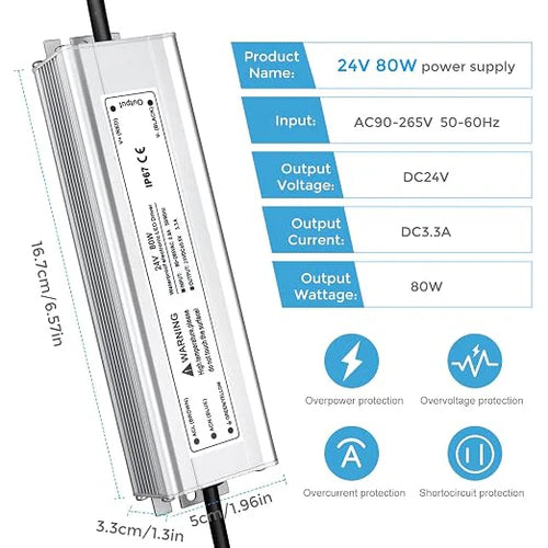80W 12V/24V/36V/48V Waterproof LED Power Supply, 90-265V Input, Single Output, Aluminum Housing, Outdoor LED Lighting Driver, CE/RoHS/FCC Certified, US/UK/EU Plug
