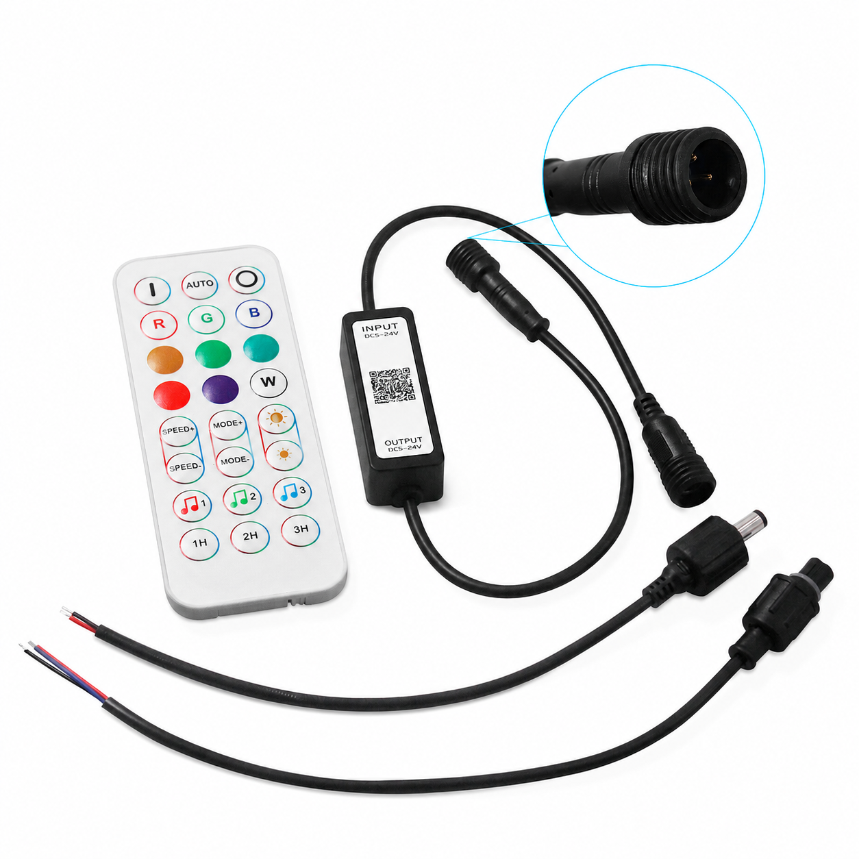 LightingWill RGB LED Strip Controller – DC5V-24V | Waterproof Wireless RGB Controller with 24-Key Bluetooth Remote | For LED Strips