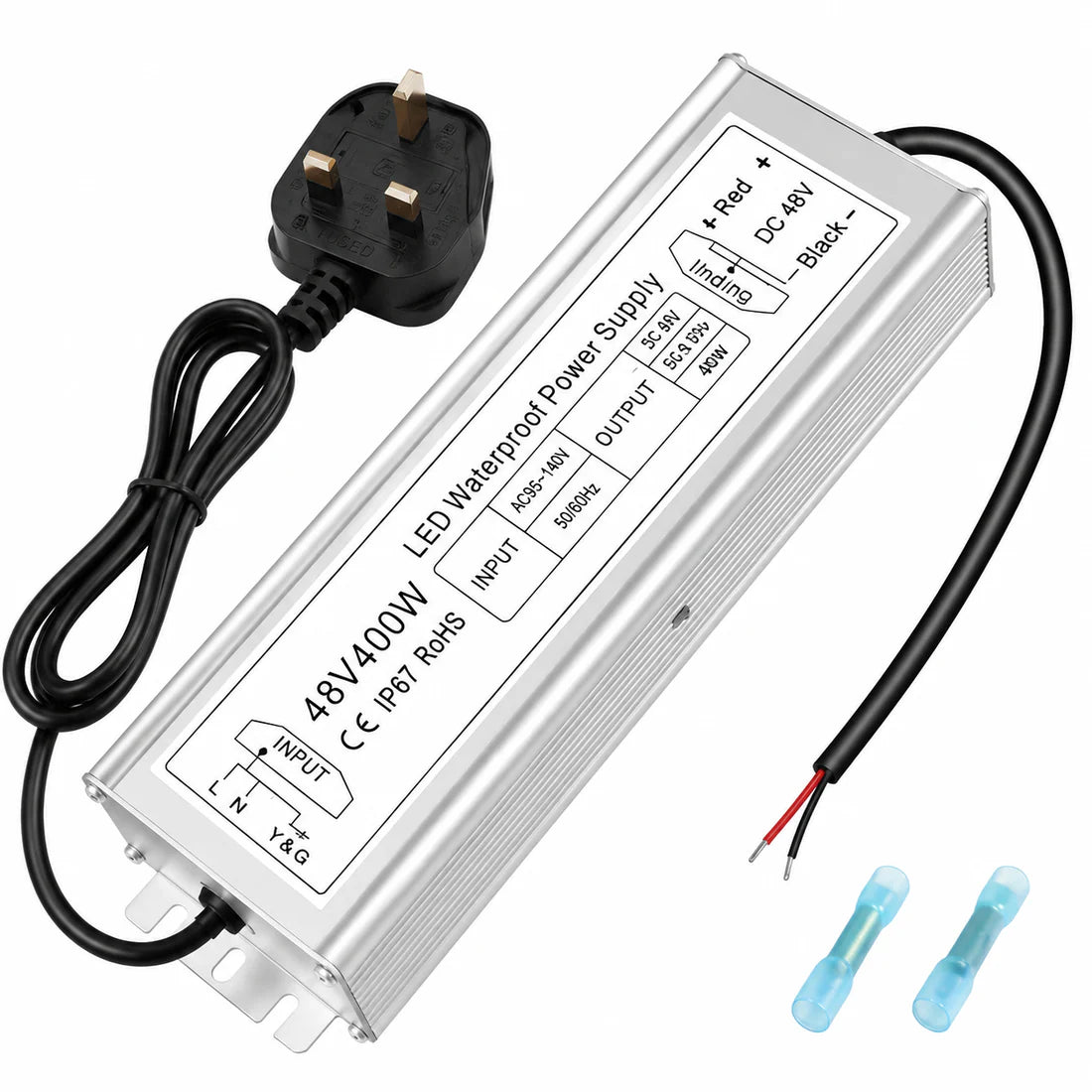 400W 12V/24V/36V/48V Waterproof LED Power Supply, 175-265V Input, Single/Dual Output, Aluminum Housing, Outdoor LED Lighting Driver, CE/RoHS/FCC Certified, UK/EU Plug