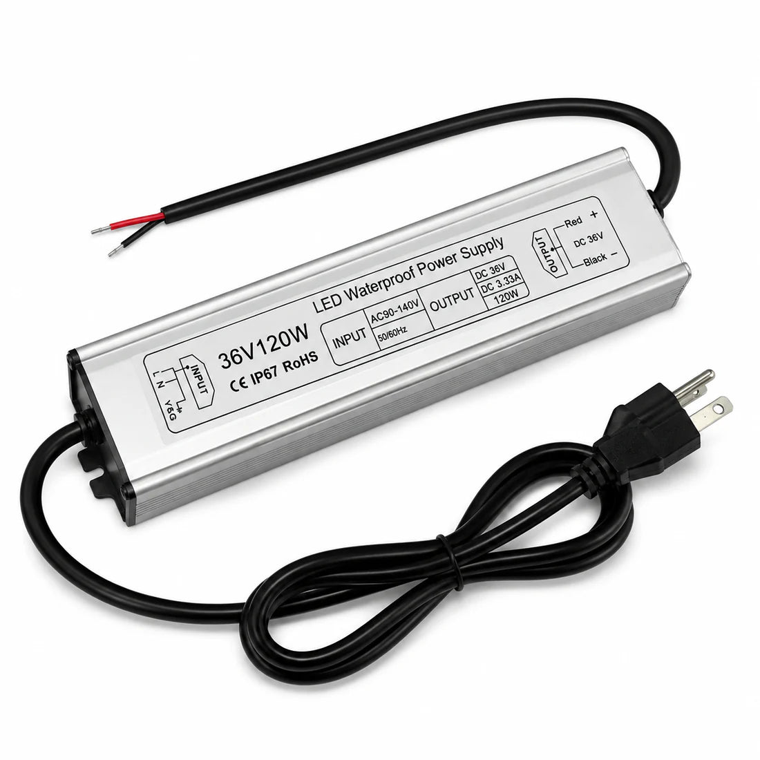 120W 36V/48V Waterproof LED Power Supply, 90-140V Input, Single Output, Aluminum Housing, Outdoor LED Lighting Driver, CE/RoHS/FCC Certified, US Plug