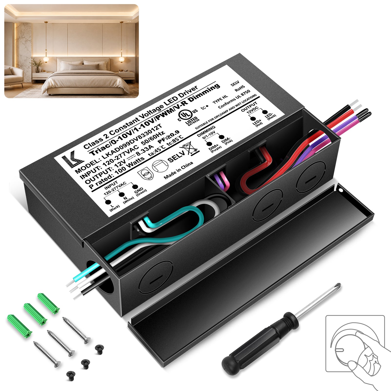 100W 12V DC Steel Case Triac Dimmable LED Driver, UL Listed, AC 120-277V Input, LED Driver for LED Strip Lighting / Under Cabinet Lighting / Home Ambient Lighting