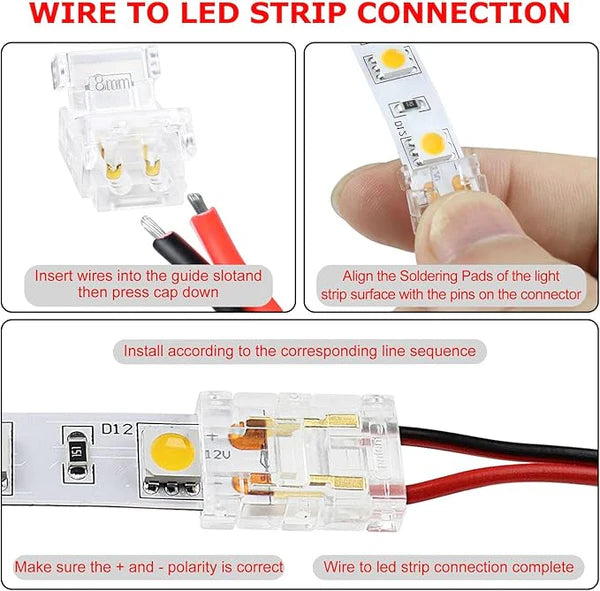 LightingWill LED Strip Connector 10mm 2Pin Transparent Solderless Clips, LED Light Strip Connector Crystal Strip to Wire Strip to Strip DC Adapter Connector, Bulk 500pcs MOQ Factory Direct