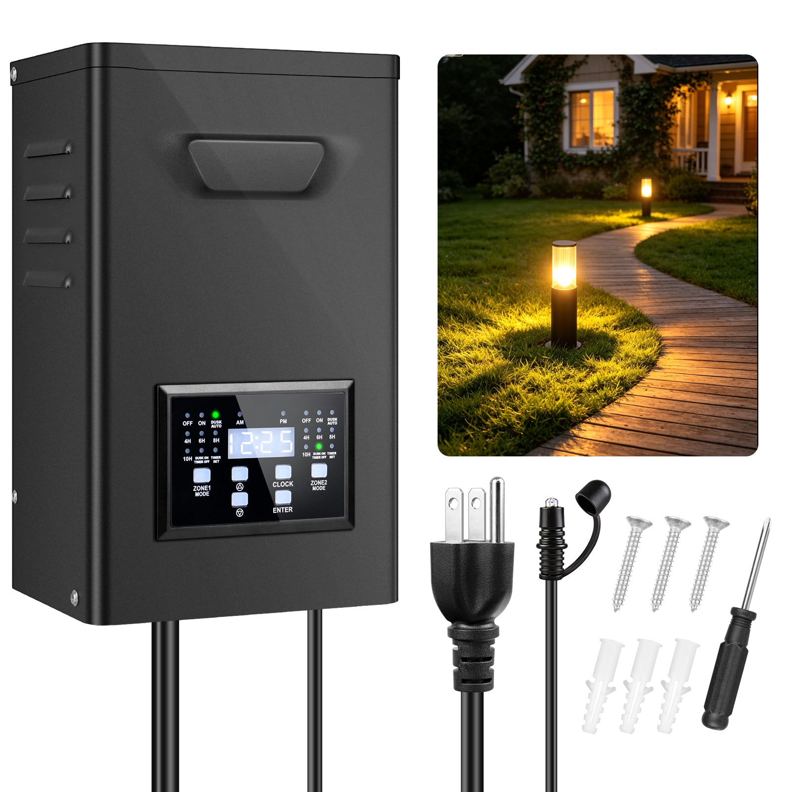 300W Landscape Lighting Transformers – 120V to 12V/14V AC, Dual Zone, Timer & External Photocell, Power Supply for Landscape Lighting Systems