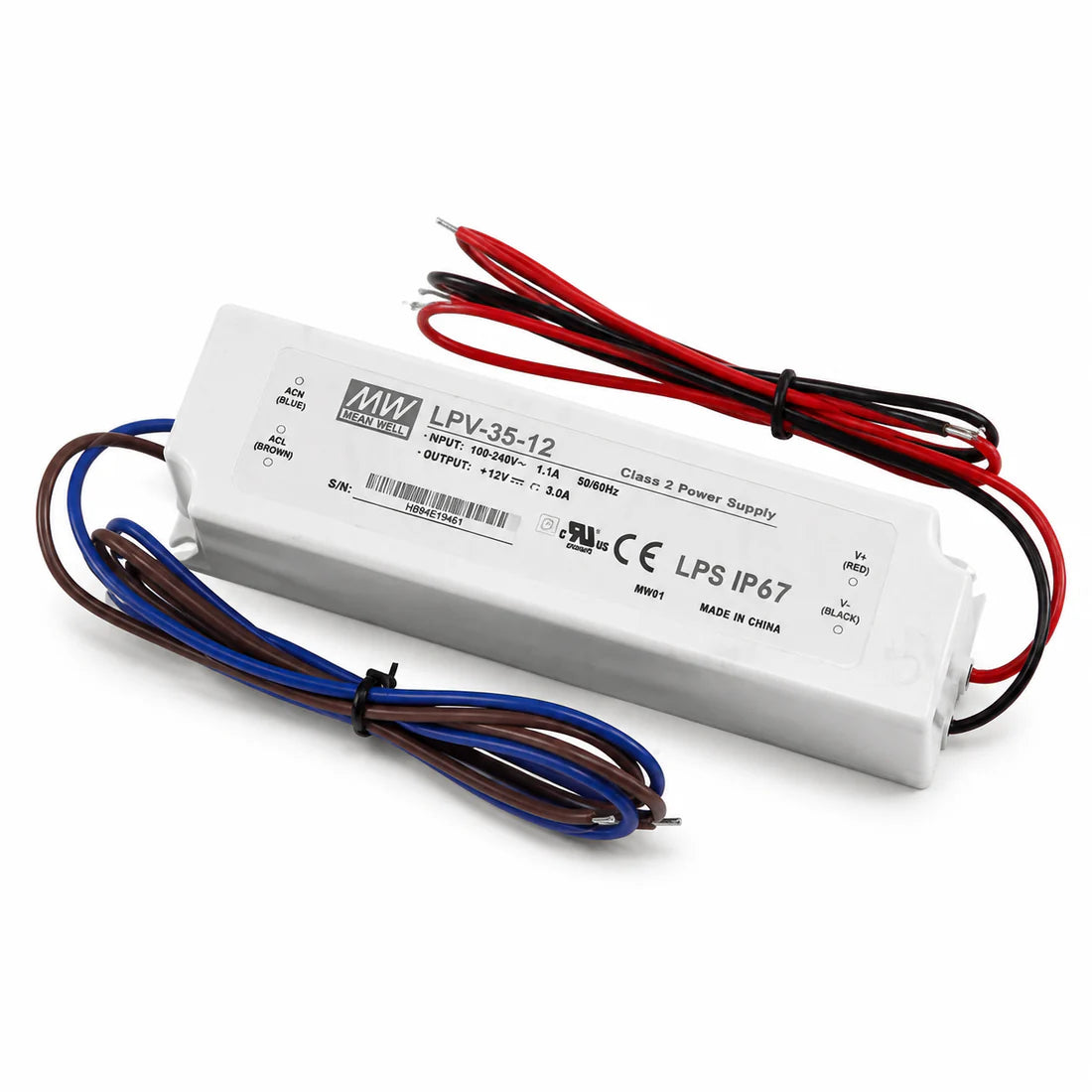 MEANWELL LPV Series 35W IP67 Waterproof Switching Power Supply, 12V/24V DC Output, AC90-264V Input, UL/CE Certified, Plastic Housing, Outdoor Power Supply