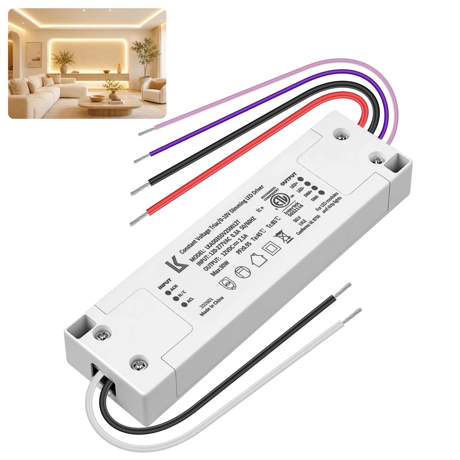 30W 12V DC Plastic Case Triac Dimmable LED Driver, ETL Listed, AC 120-277V Input, LED Driver for LED Strip Lighting / Under Cabinet Lighting / Home Ambient Lighting