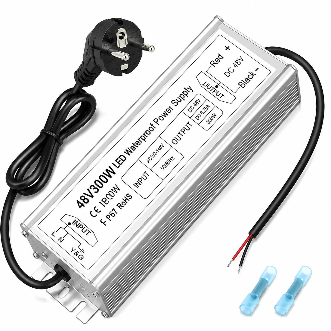 300W 36V/48V Waterproof LED Power Supply, 175-265V Input, Single Output, Aluminum Housing, Outdoor LED Lighting Driver, CE/RoHS/FCC Certified, UK/EU Plug