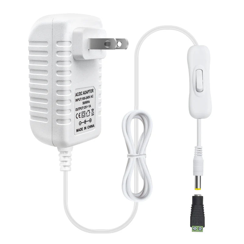 Power Supply Adapter DC 12V with On/Off Switch, 12W–36W Options, AC 100–240V Wall Plug Charger with US Plug, Black/White Housing for LED Strip Lights, Electronics