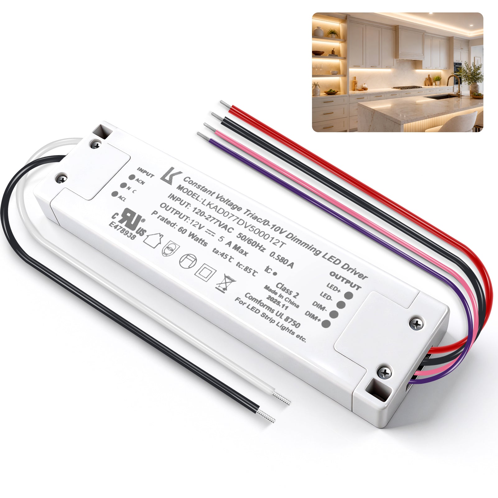 60W 12V DC Plastic Case Triac Dimmable LED Driver, UL Listed, AC 120-277V Input, LED Driver for LED Strip Lighting / Under Cabinet Lighting / Home Ambient Lighting