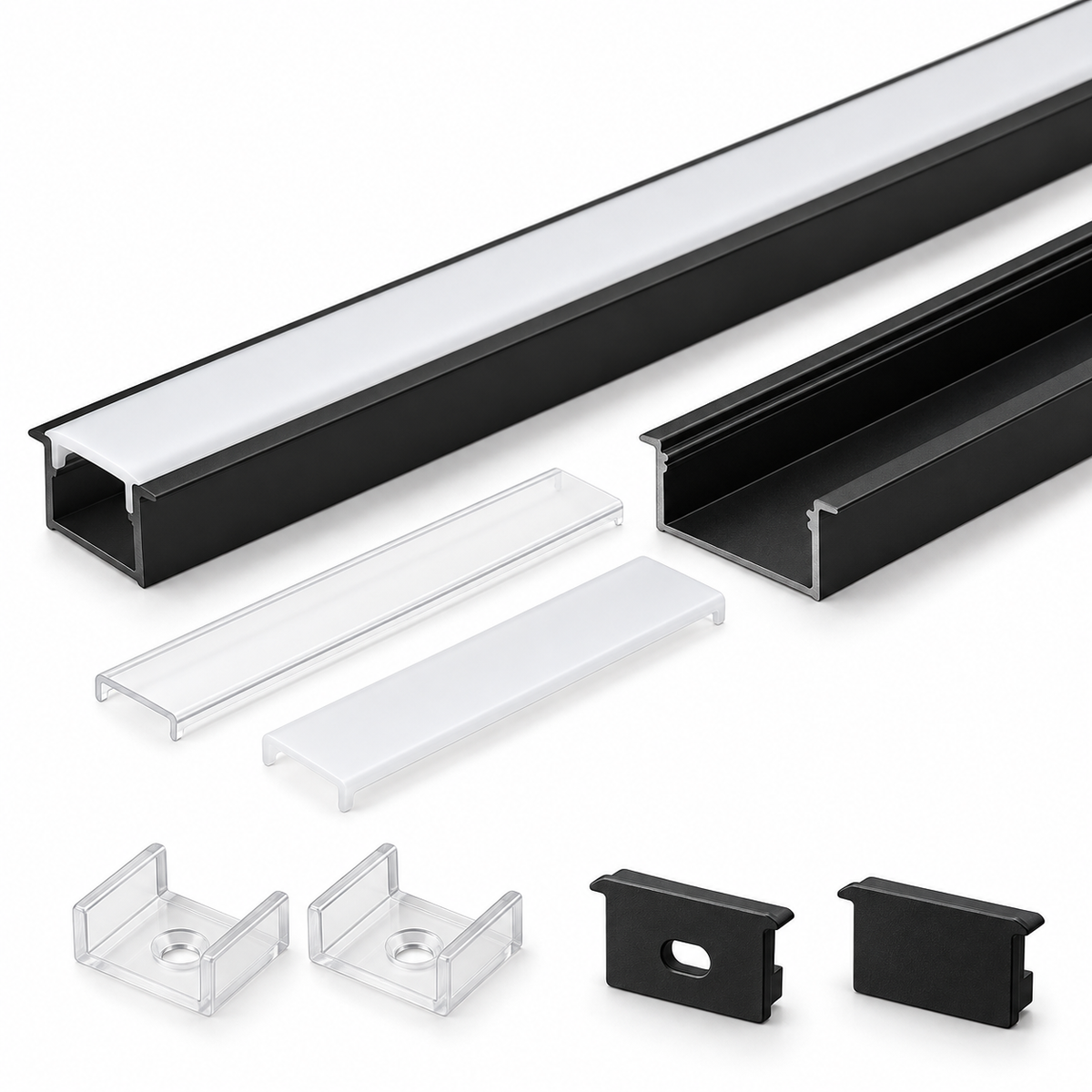 Black U01 9×23mm U-Shape LED Aluminum Channel, 12mm Inner Width, with Cover, End Caps & Mounting Clips