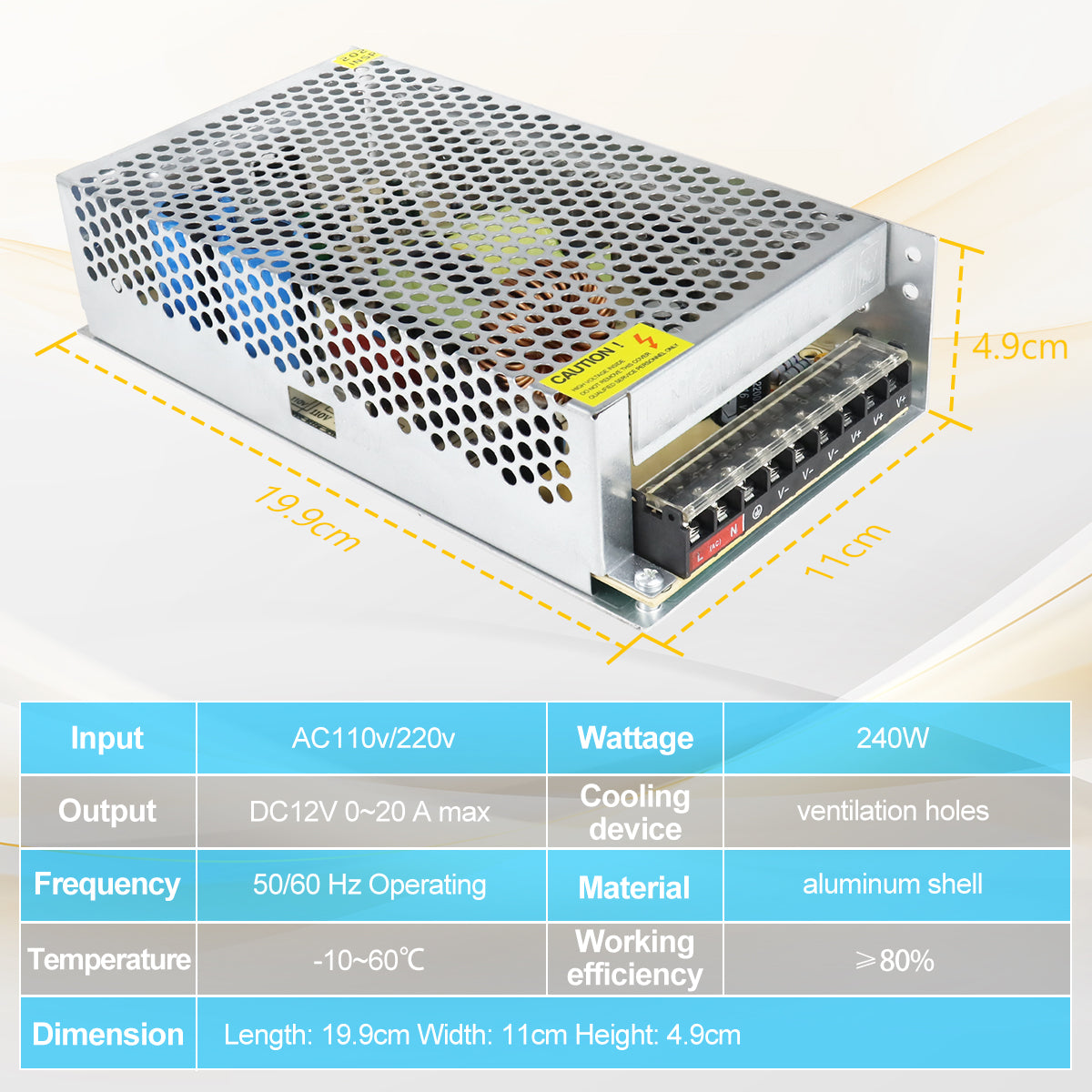 DC 12V LED Switching Power Supply 60W–240W, AC 110/220V Input, Constant Voltage LED Driver Transformer, Durable Metal Housing with Screw Terminals, CE/FCC/RoHS Certified