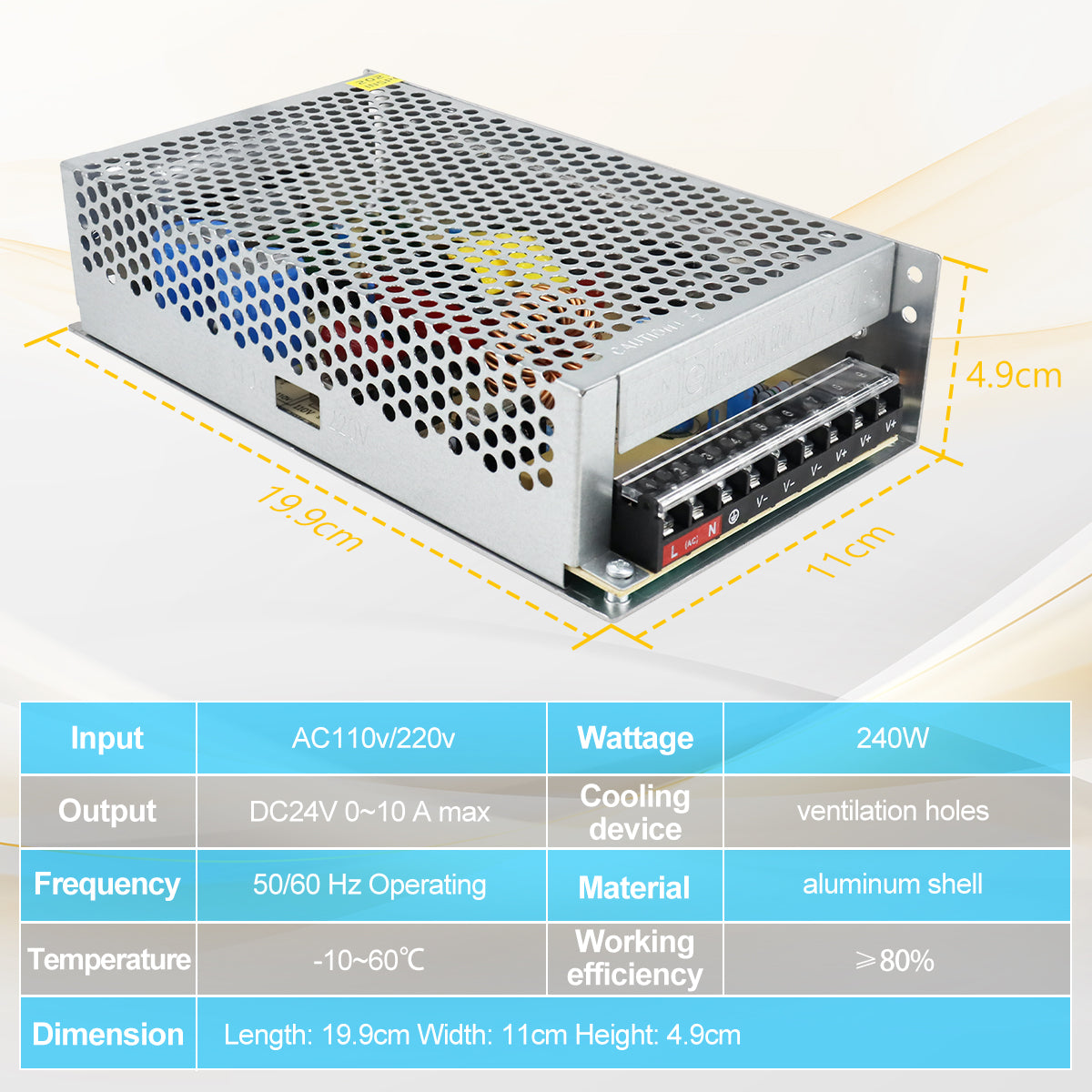 DC 24V LED Switching Power Supply 60W–240W, AC 110/220V Input, Constant Voltage LED Driver Transformer, Durable Metal Housing with Screw Terminals, CE/FCC/RoHS Certified