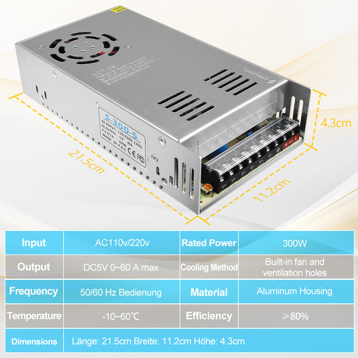 DC 5V LED Switching Power Supply 100W-300W, AC 110/220V Input, LED Strip Driver Transformer, Durable Metal Housing with Screw Terminals, CE/FCC/RoHS Certified (300W with Cooling Fan)