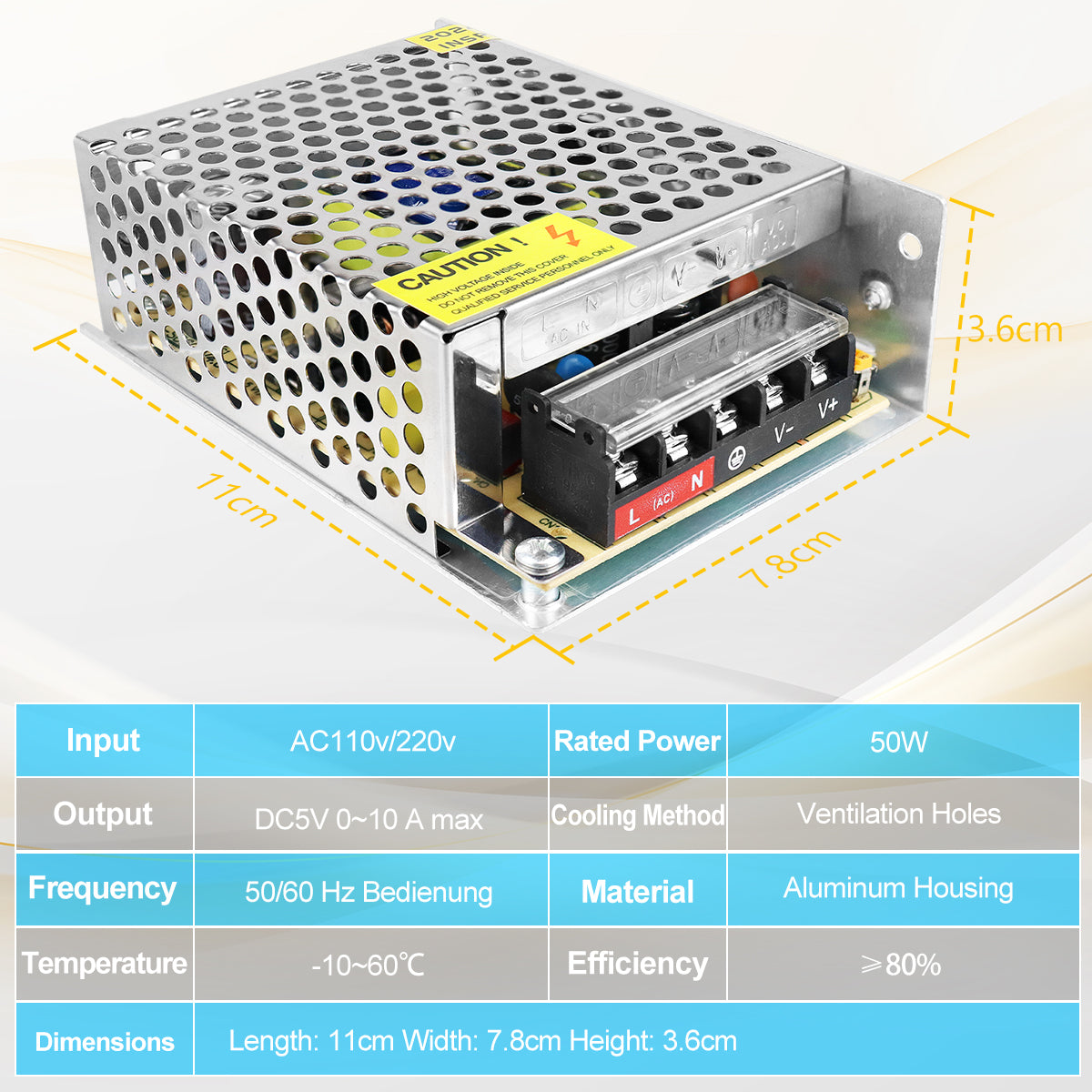 DC 5V LED Switching Power Supply 10W–100W, AC 110/220V Input, LED Light Driver Transformer, Durable Metal Housing with Screw Terminals, CE/FCC/RoHS Certified