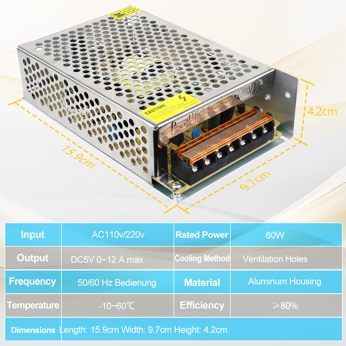 DC 5V LED Switching Power Supply 10W–100W, AC 110/220V Input, LED Light Driver Transformer, Durable Metal Housing with Screw Terminals, CE/FCC/RoHS Certified