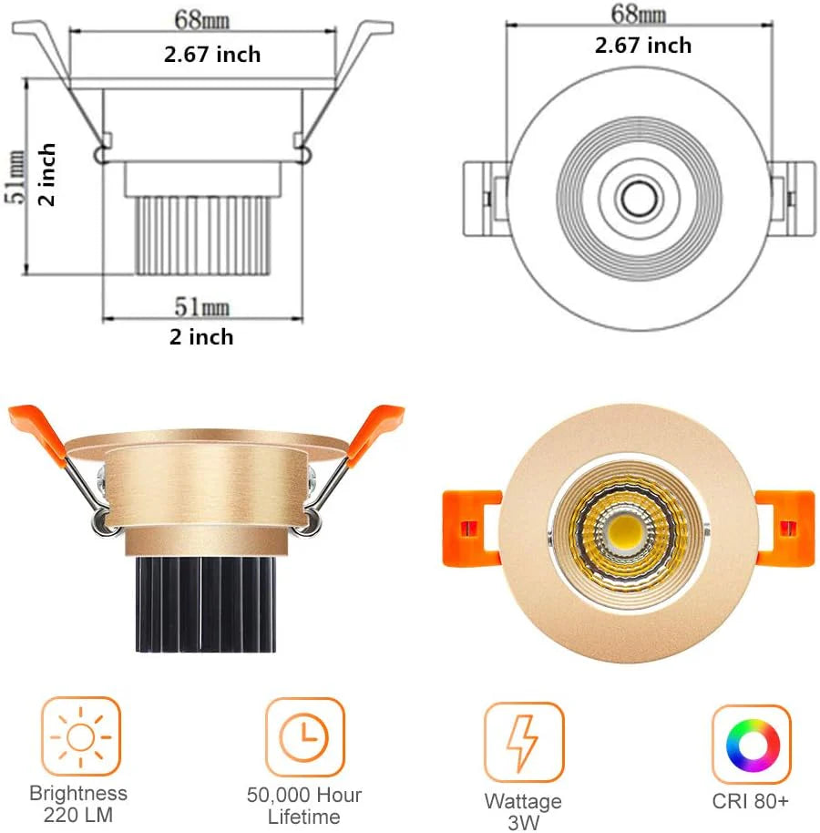 ECO-2 Series Adjustable COB LED Recessed Downlight – Gold Housing – TRIAC Dimmable – 3W – 4-Pack/10-Pack – 3000K–6000K – 100–130V
