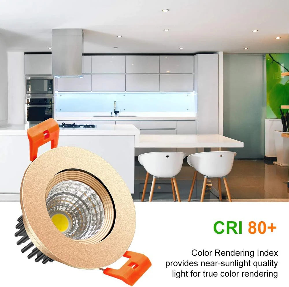 ECO-2 Series Adjustable COB LED Recessed Downlight – Gold Housing – TRIAC Dimmable – 3W – 4-Pack/10-Pack – 3000K–6000K – 100–130V