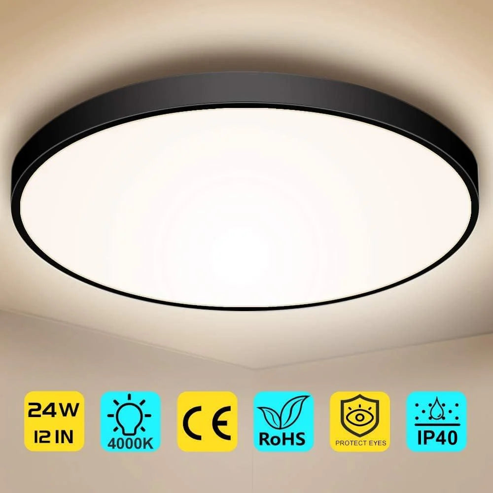 12 Inch 24W White / Black / Wood Grain Round Slim LED Ceiling Lights – AC 220–240V | 3000K / 4500K / 5000K / 6500K | Flush Mount Ceiling Light for Modern Home Lighting | 1-Pack – Local Stock (UK/DE)