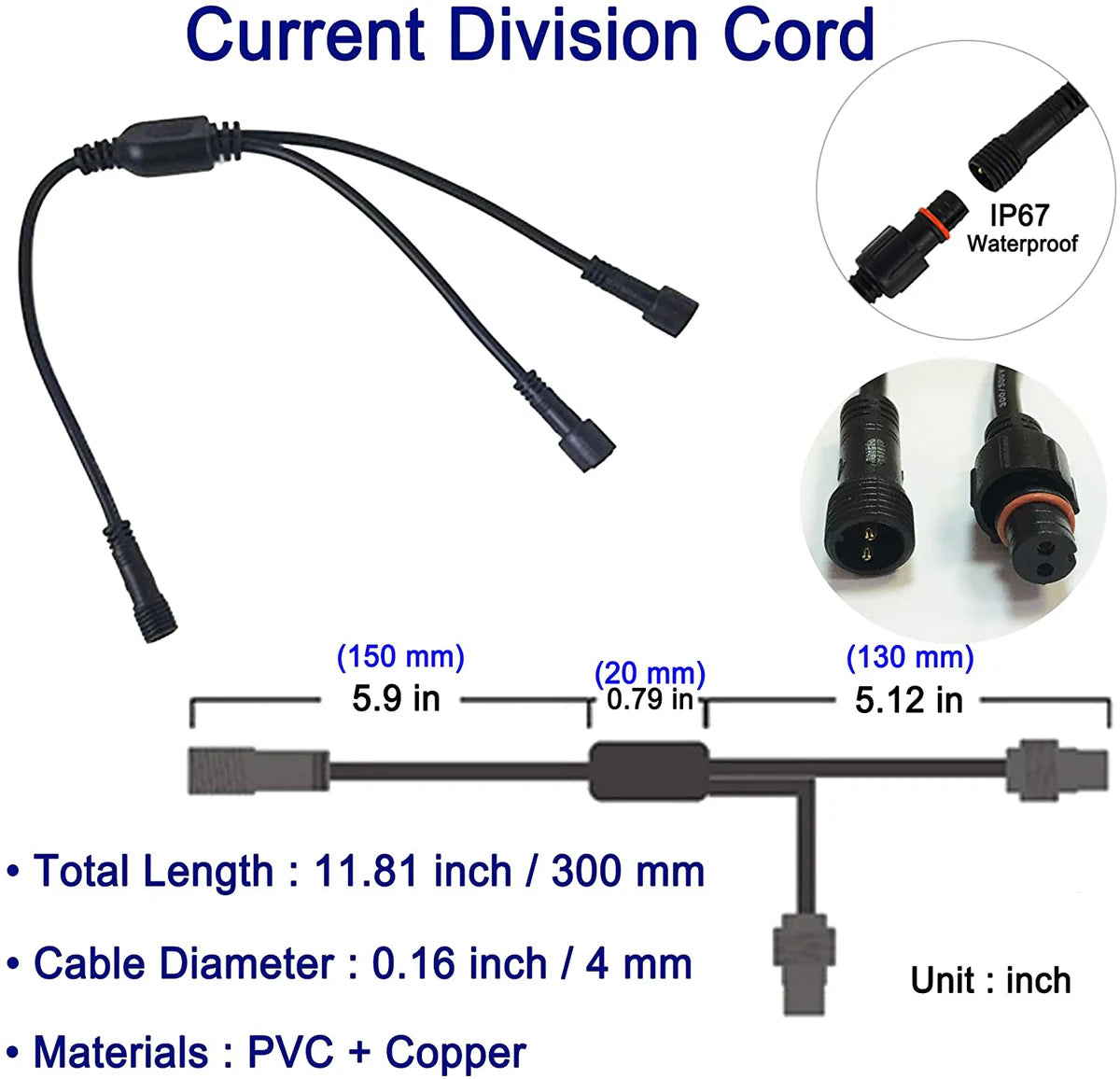 2pcs Pack 1-2 Splitter Current Division Cord, with Waterproof Male and Female Connector | Copper Core Wire | Lighting Accessories Fittings for LED Inground/Step Stair/Underwater Swimming Pool Lights