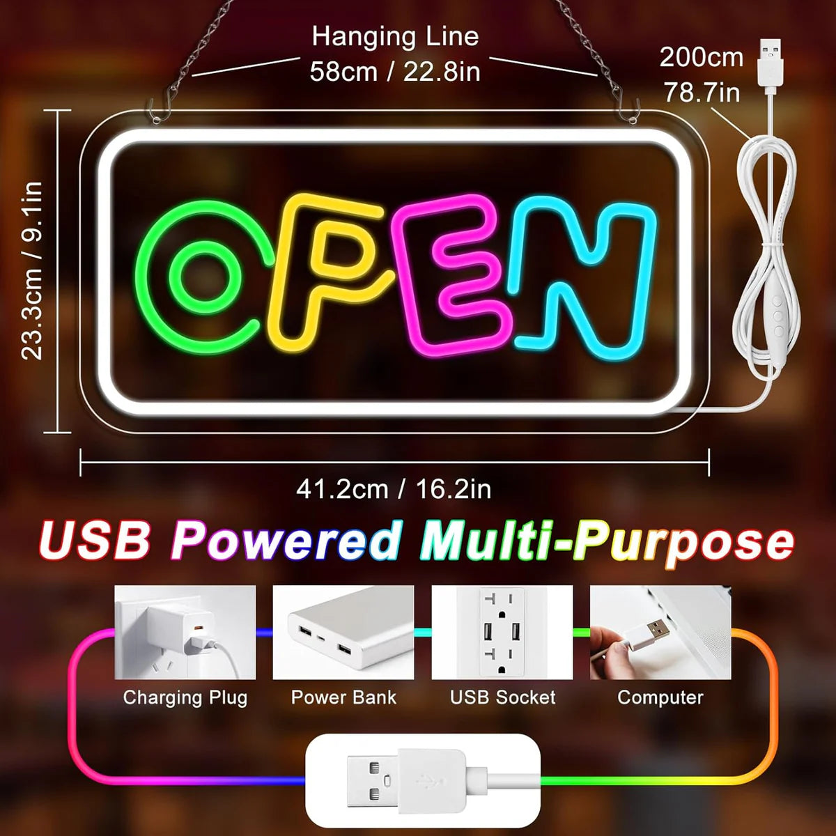 OPEN LED shop signs – 16.2×9.1 Inch Silicone Neon Light | USB Powered 5V Dimmable Multicolor Glow | Horizontal & Vertical Style for Cafes, Restaurants & Retail Shops