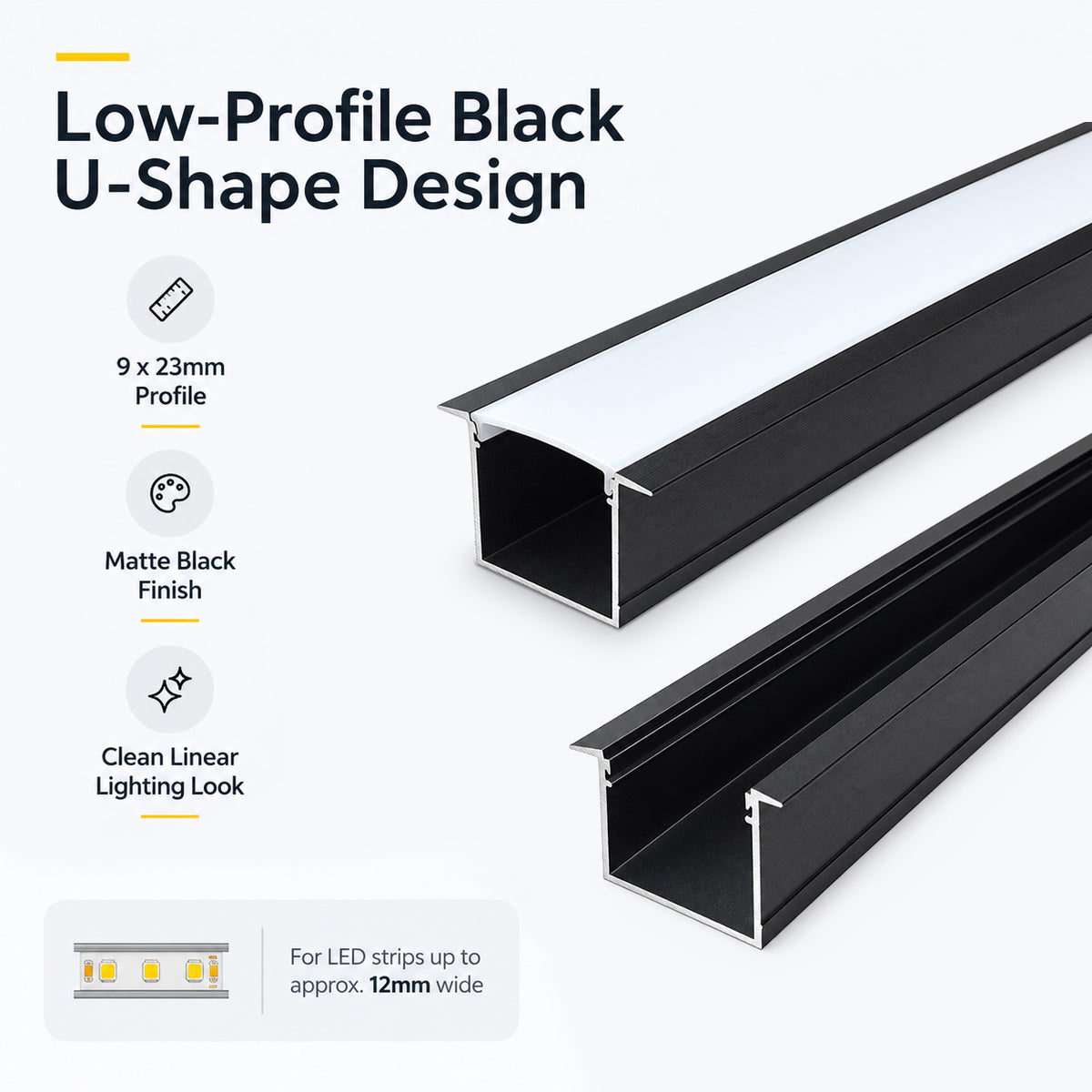 Black U05 36x24mm U-Shape LED Aluminum Channel, 20mm Inner Width, with Cover, End Caps & Mounting Clips for Spot-Free LED Strip Lighting