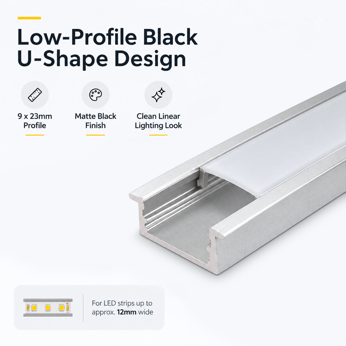 Silver U01 9x23mm U-Shape LED Aluminum Channel, 12mm Inner Width, with Cover, End Caps & Mounting Clips
