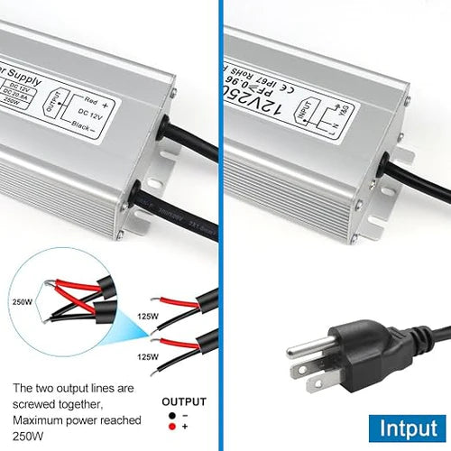 250W 12V/24V Waterproof LED Power Supply, 90-265V Input, Single/Dual Output, Aluminum Housing, Outdoor LED Lighting Driver, CE/RoHS/FCC Certified, US/UK/EU Plug