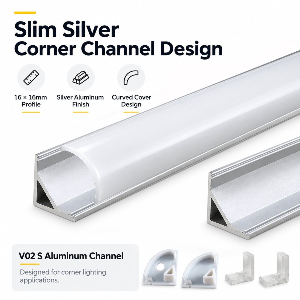 Silver V02 16x16mm V-Shape Corner-Mount LED Aluminum Channel, 12mm Inner Width, with Cover, End Caps & Mounting Clips