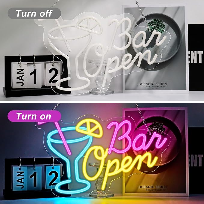 BAR OPEN Silicone LED Shop Sign – 16.5×10.6 Inch | 5V USB Powered Dimmable LED Window Hanging Sign | Blue + Pink + Yellow Glow with Cocktail Glass Design | Accessories Included for Bars, Cafes, Restaurants & Commercial Spaces