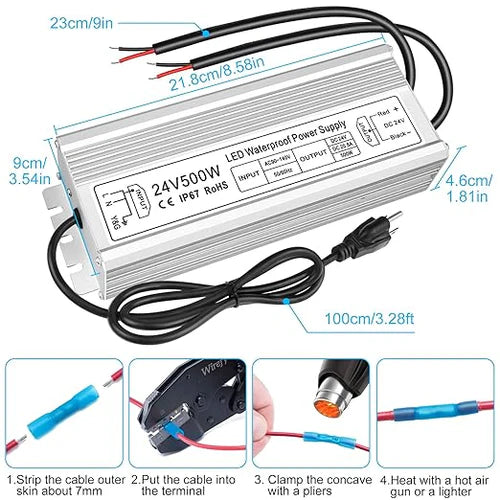 500W 12V/24V Waterproof LED Power Supply, 90-140V Input, Dual Output, Aluminum Housing, Outdoor LED Lighting Driver, CE/RoHS/FCC Certified, US Plug