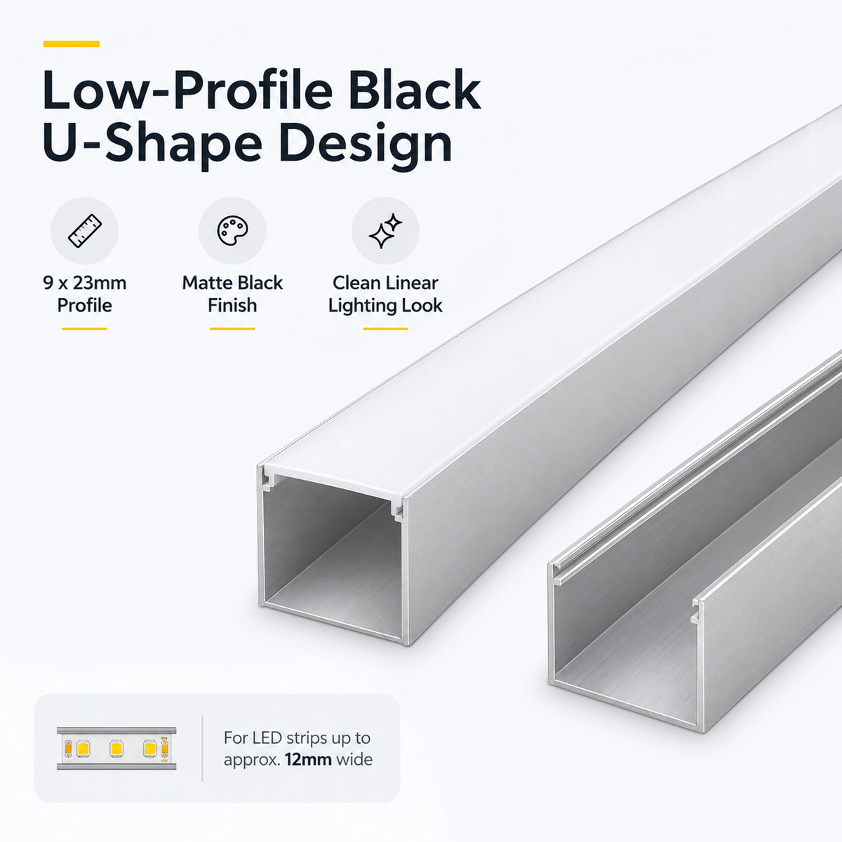 Silver U06 24x24mm U-Shape LED Aluminum Channel, 20mm Inner Width, with Cover, End Caps & Mounting Clips for Spot-Free LED Strip Lighting