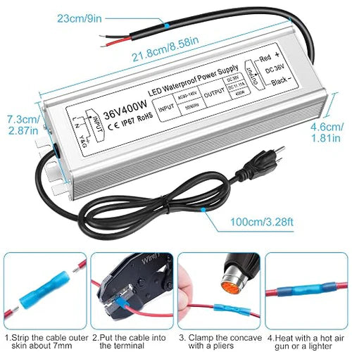 400W 12V/24V/36V/48V Waterproof LED Power Supply, 90-140V Input, Single/Dual Output, Aluminum Housing, Outdoor LED Lighting Driver, CE/RoHS/FCC Certified, US Plug