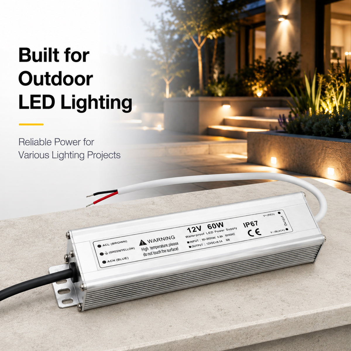 60W 12V/24V/36V/48V Waterproof LED Power Supply, 90-265V Input, Single Output, Aluminum Housing, Outdoor LED Lighting Driver, CE/RoHS/FCC Certified, US/UK/EU Plug