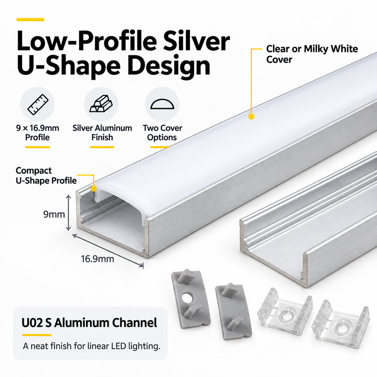 Silver U02 9x17mm U-Shape LED Aluminum Channel, 12mm Inner Width, with Cover, End Caps & Mounting Clips