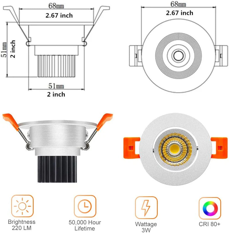 ECO-2 Series Adjustable COB LED Recessed Downlight – Silver Housing – TRIAC Dimmable – 3W – 4-Pack/10-Pack – 3000K–6000K – 100–130V