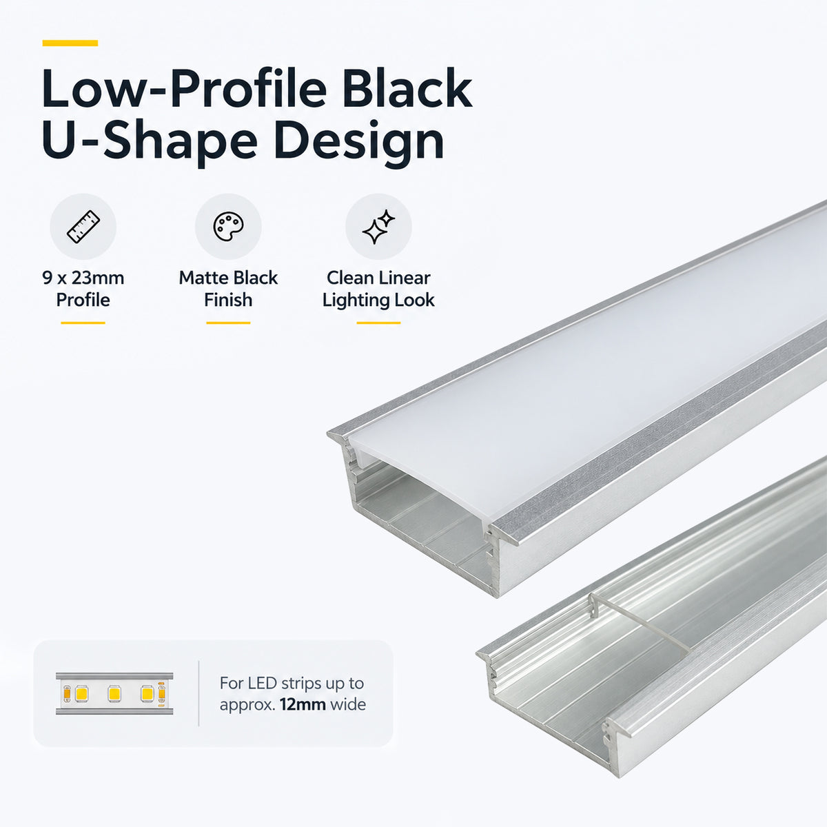 Silver U03 10x30mm U-Shape LED Aluminum Channel, 20mm Inner Width, with Cover, End Caps & Mounting Clips