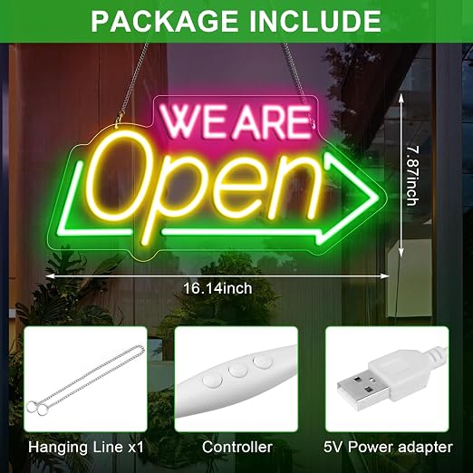 WE ARE OPEN Silicone LED shop signs – USB Powered | 16.1 × 7.8 inch | Arrow Shape | 2 Glow Color Options | LED Window Sign for Cafes, Restaurants & Retail Shops